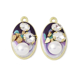 Purple Rack Plating Alloy Enamel Pendants, with Resin, ABS Imitation Pearl Beads, Rhinestone and Glass Beads, Cadmium Free & Nickel Free & Lead Free, Oval, Purple, 34x20x9mm, Hole: 2.5mm