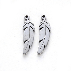 Stainless Steel Color 201 Stainless Steel Pendants, Laser Cut, Feather, Stainless Steel Color, 17x4.5x1mm, Hole: 1mm