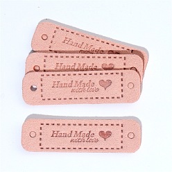 Salmon Imitation Leather Label Tags, with Holes & Word Hand Made with love, for DIY Jeans, Bags, Shoes, Hat Accessories, Rounded Rectangle, Salmon, 15x55mm