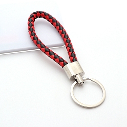Red Handwoven Imitation Leather Keychain, with Metal Car Key Ring Chain Accessories Gift for Men and Women, Red, 122x30mm