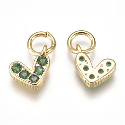 Green Brass Micro Pave Cubic Zirconia Charms, with Jump Ring, Long-Lasting Plated, Real 18K Gold Plated, Heart, Green, 6x8x2mm, Hole: 3mm