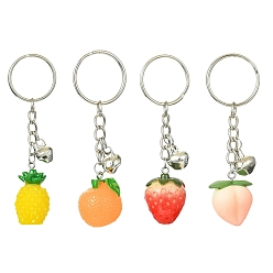 Mixed Color Fruit Resin Pendant Keychain Kit, with Iron Split Key Rings and Bell Charms, Orange/Pineapple/Peach/Strawberry, Mixed Color, 8~8.9cm, 4pcs/set