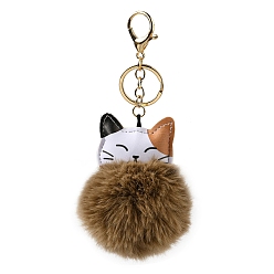 Sandy Brown Imitation Rex Rabbit Fur Ball & PU Leather Cat Pendant Keychain, with Alloy Clasp, for Bag Car Pendant Decoration, Sandy Brown, 16cm