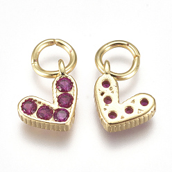 Fuchsia Brass Micro Pave Cubic Zirconia Charms, with Jump Ring, Long-Lasting Plated, Real 18K Gold Plated, Heart, Fuchsia, 6x8x2mm, Hole: 3mm