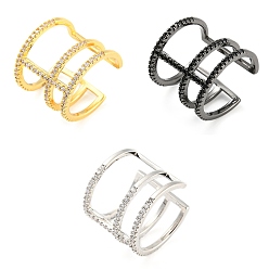 Mixed Color Brass Triple Lines Open Cuff Ring with Cubic Zirconia, Lead Free & Cadmium Free, Mixed Color, Inner Diameter: 16.2~16.4mm