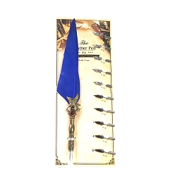 Blue Feather Dipped Pen Calligraphy Ink Pen, with Alloy Head, Blue, 255x40x12mm