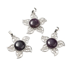 Amethyst Natural Amethyst Pendants, Flower Charms, with Rack Plating Platinum Tone Brass Findings, Cadmium Free & Lead Free, 38x37x7~7.5mm, Hole: 8x5mm
