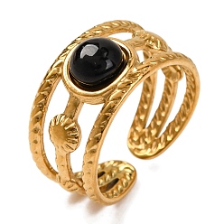 (946F)Морозный цвет внутри  Жонкиль / Непрозрачная зеленая подкладка Круглые перстни из натурального черного агата, золотистый тон 304 многослойные манжеты из нержавеющей стали для женщин, 10 мм, внутренний диаметр: регулируемый