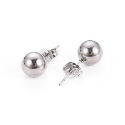Stainless Steel Color 304 Stainless Steel Ball Stud Earrings, with Ear Nuts, Round, Stainless Steel Color, 8mm, Pin: 0.7mm, 6pairs/card