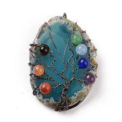 Cadet Blue Natural Agate Big Pendants, with Rack Plating Brass Wires, Chakra Gemstone Beads, Cadmium Free & Lead Free, Dyed & Heated, Nuggets with Tree, Red Copper, Cadet Blue, 58~62x37~47x13~14mm, Hole: 4~6mm