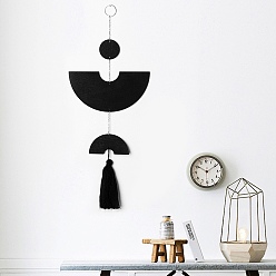 Black Wooden Half Round Wall Hanging Decorations, with Tassel for Home Living Room Decorations, Black, 500x200mm