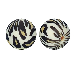 Light Khaki Round with Leopard Print Pattern Food Grade Silicone Beads, Silicone Teething Beads, Light Khaki, 15mm