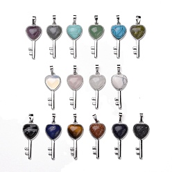 Mixed Stone Natural & Synthetic Gemstone Pendants, with Platinum Tone Brass Findings, Cadmium Free & Lead Free, Mixed Dyed and Undyed, Heart Key, 39x16.5~17x6~7.5mm, Hole: 8x5mm