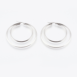 Stainless Steel Color 201 Stainless Steel Hoop Earrings, with 304 Stainless Steel Pin, Hypoallergenic Earrings, Double Ring, Stainless Steel Color, 12 Gauge, 54x52x2mm, Pin: 0.7x1mm