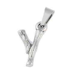 Letter Y Non-Tarnish 304 Stainless Steel Pendants, Bamboo Style, Stainless Steel Color, Letter.Y, 19x10x3mm, Hole: 3x7mm