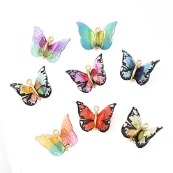Mixed Color Transparent Resin Pendants, Butterfly Charms with Golden Plated Alloy Findings, Mixed Color, 17~18x21~24x7~7.5mm, Hole: 1.5mm