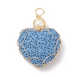 Royal Blue Natural Lava Rock Pendants, for Perfume Essential Oil Charm, with Golden Tone Copper Wire and Natural Cultured Freshwater Pearl, Heart, Royal Blue, 34~36x23.5~25x9~10mm, Hole: 3.5~4mm