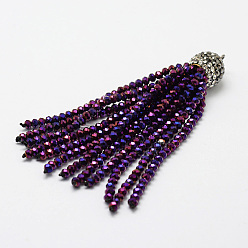 Purple Electroplate Glass Bead Tassel Big Pendants, with Brass Rhinestone Findings, Purple, 76x10.8mm, Hole: 2.5mm