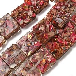 Cerise Dyed Natural Imperial Jasper with Resin Beads Strands, Square, Cerise, 16x16x6mm, Hole: 1.6mm, about 11pcs/strand, 6.97 inch(17.7cm)