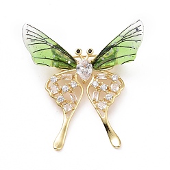 Lawn Green Resin Butterfly Lapel Pin with Clear Cubic Zirconia, Real 18K Gold Plated Brass Badge with Loop for Jewelry Pendant, Cadmium Free & Lead Free, Lawn Green, 49x47x5mm