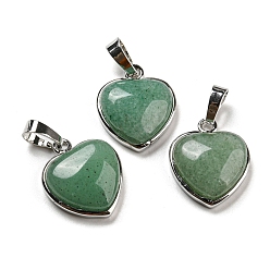 Green Aventurine Natural Green Aventurine Pendants, Heart Charms with Platinum Plated Brass Snap on Bails, 20.5x17.5x7mm, Hole: 4x8mm