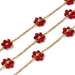 Темно-Красный 304 из нержавеющей стали цепи связи цветок, со стеклом, стойки покрытие, долговечный, ионное покрытие (ip), реальный 18 k позолоченный, пайки, с катушкой, темно-красный, 2x1.5x0.4 mm и 7.5x9.5x3 mm