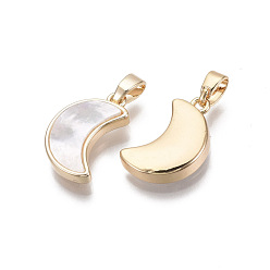 Seashell Color Brass Pendants, with Freshwater Shell, Nickel Free, Real 18k Gold Plated, Moon, Seashell Color, 16x10x3mm, Hole: 2x4mm