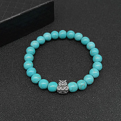Chouette Bracelets extensibles turquoise synthétique pour femmes et hommes, avec des perles en alliage d'animaux de style tibétain, chouette, pas de taille