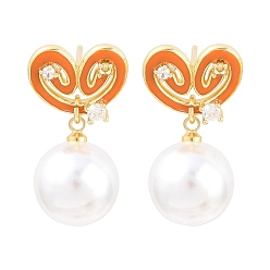 Оранжевый Серьги-гвоздики из латуни с прозрачными кубическими циркониями ко Дню святого Валентина, с абс пластиком имитация жемчуга и эмали, без кадмия и без свинца, долговечный, стойки покрытие, реальный 18 k позолоченный, оранжевые, 26x13.5 мм