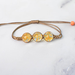 Orange Triple Round Glass Braided Bead Bracelet, Pressed Flower Adjustable Bracelet for Women, Orange, Beads: 12mm