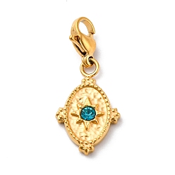 Синий Циркон Овальные 304 подвесные украшения из нержавеющей стали со стразами, с застежкой в виде клешни лобстера, ионное покрытие (IP), реальный 14 k позолоченный, синий циркон, 28.5 мм