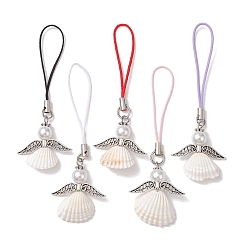 Mixed Color Shell Mobile Straps, with Alloy Findings, Angel, Mixed Color, 8.5~9cm