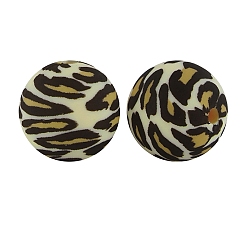 Khaki Round with Leopard Print Pattern Food Grade Silicone Beads, Silicone Teething Beads, Khaki, 15mm