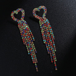 Golden + colored diamonds Colorful Tassel Earrings with Heart-shaped Pendant and Shiny Rhinestones