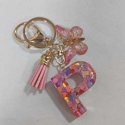 Letter P Acrylic and Resin Keychain, with Tassel, Alloy Rings, Butterfly, Letter P, 10cm, Pendant: 23~43mm