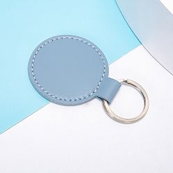 Light Steel Blue PU Leather Keychain, with Metal Key Ring, Flat Round, Light Steel Blue, 5x5cm