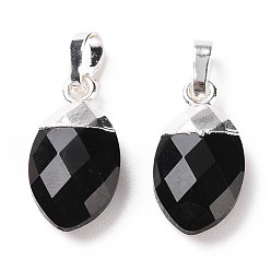 Black Onyx Подвески из натурального черного оникса, с латунной фурнитурой платинового цвета, без кадмия и без свинца, граненые, овальные, окрашенная и подогревом, 24 мм, овальный : 18.5x10x5.5 mm, отверстие : 3x5.5 мм
