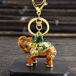 Dark Orange Elephant Alloy Enamel & Rhinestone Pendant Keychains, with Key Ring for Bag Car Key Pendant Decoration , Dark Orange, 12x6cm