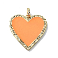 Orange Rack Plating Real 18K Gold Plated Brass Micro Pave Cubic Zirconia Pendants, with Enamel, Long-Lasting Plated, Lead Free & Cadmium Free, Heart, Orange, 31x30.5x2.5mm, Hole: 4.5x3mm