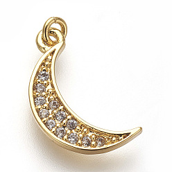 Golden Brass Micro Pave Cubic Zirconia Charms, Lead Free & Cadmium Free, Moon, Golden, 14x8x1.5mm, Hole: 3mm