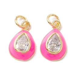 Темно-Розовый Латунные микропроволочные кубические циркониевые подвески из эмали, с целью перехода в кольце, долговечный, слеза, темно-розовыми, 15x9.5x4 мм, Перейти кольцо: 5.2x0.8 мм, внутренний диаметр: 3.6 мм
