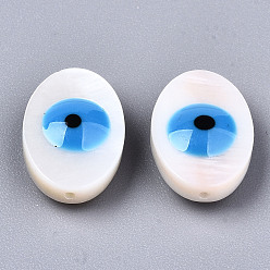 Dodger Azul Cuentas de concha naturales de agua dulce, con esmalte, lentejuelas esmaltadas, oval con mal de ojo, azul dodger, 15.5x10x5.5 mm, agujero: 0.8 mm