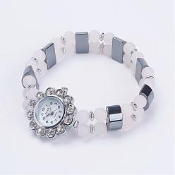 Mixed Stone Natural & Synthetic Mixed Stone Bracelets Watches, with Alloy Rhinestone Watch Heads Flower Watch Faces, 2-1/8 inch(53mm)