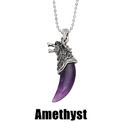 Amethyst Vintage Wolf Fang Pendant Men's Necklace with Crystal Agate Accents - NKB607