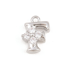 Letter F Латунные микропаве прозрачные кубические циркониевые подвески, долговечный, стойки покрытие, платина, без кадмия и без свинца, Буква F, 10.5x8.5x3.5 мм, отверстие : 1.2 мм