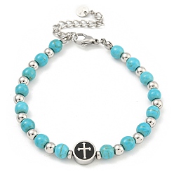 Cross 304 Женские круглые браслеты из нержавеющей стали и синтетической бирюзы из бисера, крестик, 7-3/8 дюйм (18.8 см)