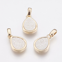 Ghost White Natural Druzy Agate Pendants, with Brass Finding, teardrop, Golden, Ghost White, 14.5x10x3~4mm, Hole: 2x2.5mm