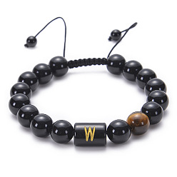 W Natural Black Agate Beaded Bracelet Adjustable Women's Handmade Alphabet Stone Strand Jewelry