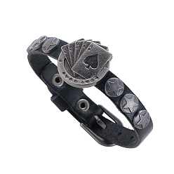 Gunmetal Hip-Hop Style Alloy Playing Cards Link Bracelet, Retro Leather Adjustable Bracelet, Gunmetal, 10 inch(25.5cm)