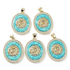 Oval Rack Plating Brass Micro Pave Cubic Zirconia Pendants, with Synthetic Opal, Cadmium Free & Lead Free, Long-Lasting Plated, Real 18K Gold Plated, Heart, Oval, 30.5x23x4mm, Hole: 5.2x3.3mm